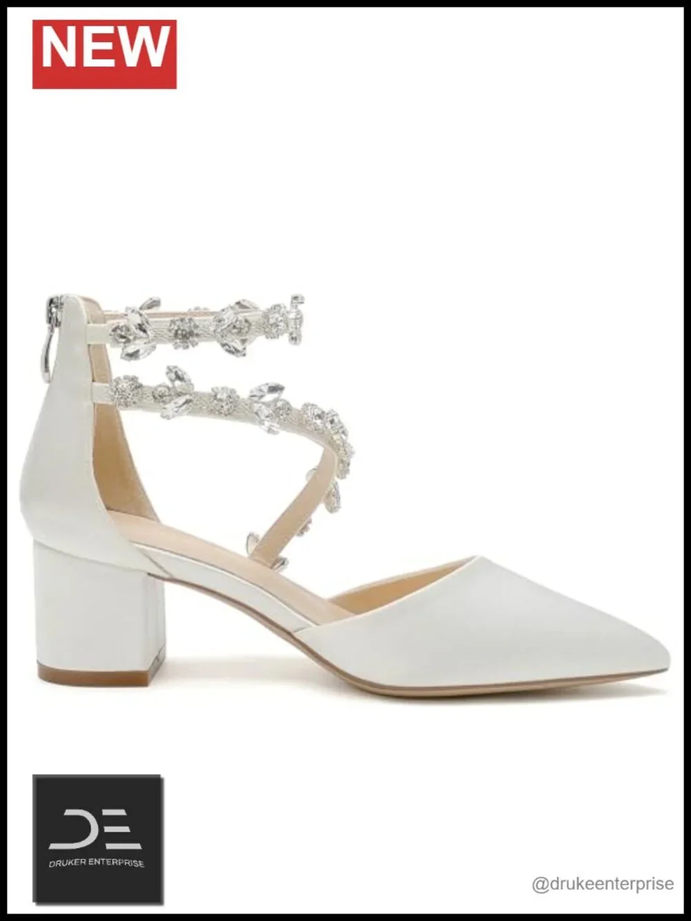 Satin Crystal Pump Heels with Block Heel and Ankle Strap for Wedding Prom Party